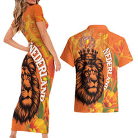 Nederland Fijne Koningsdag Couples Matching Short Sleeve Bodycon Dress and Hawaiian Shirt Netherlands Lion With Orange Tulips