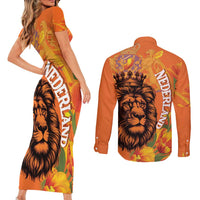 Nederland Fijne Koningsdag Couples Matching Short Sleeve Bodycon Dress and Long Sleeve Button Shirt Netherlands Lion With Orange Tulips
