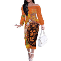 Nederland Fijne Koningsdag Family Matching Off The Shoulder Long Sleeve Dress and Hawaiian Shirt Netherlands Lion With Orange Tulips