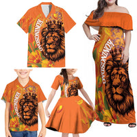 Nederland Fijne Koningsdag Family Matching Off Shoulder Maxi Dress and Hawaiian Shirt Netherlands Lion With Orange Tulips