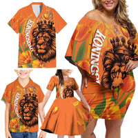 Nederland Fijne Koningsdag Family Matching Off Shoulder Short Dress and Hawaiian Shirt Netherlands Lion With Orange Tulips