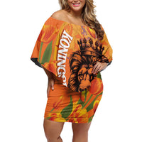 Nederland Fijne Koningsdag Family Matching Off Shoulder Short Dress and Hawaiian Shirt Netherlands Lion With Orange Tulips