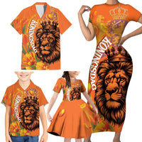 Nederland Fijne Koningsdag Family Matching Short Sleeve Bodycon Dress and Hawaiian Shirt Netherlands Lion With Orange Tulips