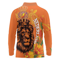 Nederland Fijne Koningsdag Long Sleeve Polo Shirt Netherlands Lion With Orange Tulips