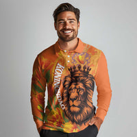 Nederland Fijne Koningsdag Long Sleeve Polo Shirt Netherlands Lion With Orange Tulips