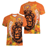 Nederland Fijne Koningsdag Women V-Neck T-Shirt Netherlands Lion With Orange Tulips