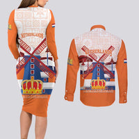 Netherlands King's Day Couples Matching Long Sleeve Bodycon Dress and Long Sleeve Button Shirt Windmill With Nederland Pattern