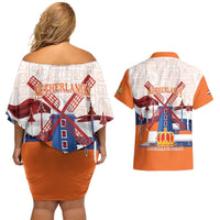 Netherlands King's Day Couples Matching Off Shoulder Short Dress and Hawaiian Shirt Windmill With Nederland Pattern
