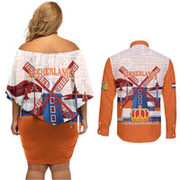 Netherlands King's Day Couples Matching Off Shoulder Short Dress and Long Sleeve Button Shirt Windmill With Nederland Pattern