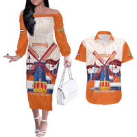 Netherlands King's Day Couples Matching Off The Shoulder Long Sleeve Dress and Hawaiian Shirt Windmill With Nederland Pattern