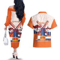 Netherlands King's Day Couples Matching Off The Shoulder Long Sleeve Dress and Hawaiian Shirt Windmill With Nederland Pattern