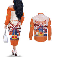 Netherlands King's Day Couples Matching Off The Shoulder Long Sleeve Dress and Long Sleeve Button Shirt Windmill With Nederland Pattern