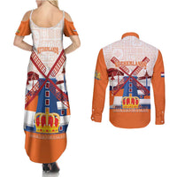 Netherlands King's Day Couples Matching Summer Maxi Dress and Long Sleeve Button Shirt Windmill With Nederland Pattern