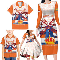 Netherlands King's Day Family Matching Long Sleeve Bodycon Dress and Hawaiian Shirt Windmill With Nederland Pattern