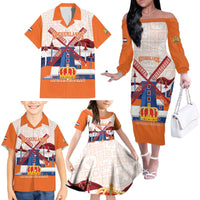 Netherlands King's Day Family Matching Off The Shoulder Long Sleeve Dress and Hawaiian Shirt Windmill With Nederland Pattern