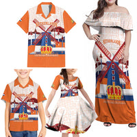 Netherlands King's Day Family Matching Off Shoulder Maxi Dress and Hawaiian Shirt Windmill With Nederland Pattern