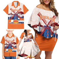 Netherlands King's Day Family Matching Off Shoulder Short Dress and Hawaiian Shirt Windmill With Nederland Pattern