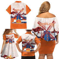 Netherlands King's Day Family Matching Off Shoulder Short Dress and Hawaiian Shirt Windmill With Nederland Pattern