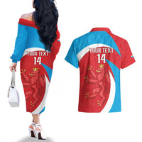 Custom Luxembourg Football Couples Matching Off The Shoulder Long Sleeve Dress and Hawaiian Shirt Allez Les Lions Rouges