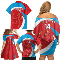 Custom Luxembourg Football Family Matching Off Shoulder Short Dress and Hawaiian Shirt Allez Les Lions Rouges