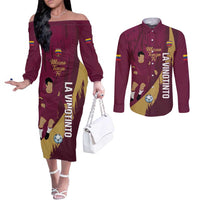 Custom Venezuela Football Couples Matching Off The Shoulder Long Sleeve Dress and Long Sleeve Button Shirt Mano Tengo Fe La Vinotinto