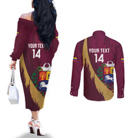 Custom Venezuela Football Couples Matching Off The Shoulder Long Sleeve Dress and Long Sleeve Button Shirt Mano Tengo Fe La Vinotinto