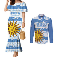 Custom Uruguay Football Couples Matching Mermaid Dress and Long Sleeve Button Shirt Vamo La Celeste