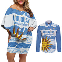 Custom Uruguay Football Couples Matching Off Shoulder Short Dress and Long Sleeve Button Shirt Vamo La Celeste