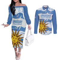 Custom Uruguay Football Couples Matching Off The Shoulder Long Sleeve Dress and Long Sleeve Button Shirt Vamo La Celeste