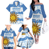 Custom Uruguay Football Family Matching Off The Shoulder Long Sleeve Dress and Hawaiian Shirt Vamo La Celeste