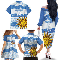 Custom Uruguay Football Family Matching Off The Shoulder Long Sleeve Dress and Hawaiian Shirt Vamo La Celeste