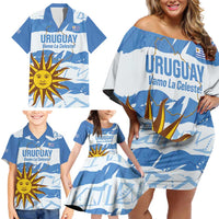 Custom Uruguay Football Family Matching Off Shoulder Short Dress and Hawaiian Shirt Vamo La Celeste