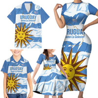 Custom Uruguay Football Family Matching Short Sleeve Bodycon Dress and Hawaiian Shirt Vamo La Celeste
