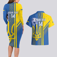 Custom Ukraine Football Couples Matching Long Sleeve Bodycon Dress and Hawaiian Shirt Go Blue And Yellow Folk Pattern