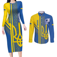 Custom Ukraine Football Couples Matching Long Sleeve Bodycon Dress and Long Sleeve Button Shirt Go Blue And Yellow Folk Pattern