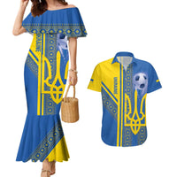Custom Ukraine Football Couples Matching Mermaid Dress and Hawaiian Shirt Go Blue And Yellow Folk Pattern