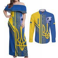 Custom Ukraine Football Couples Matching Off Shoulder Maxi Dress and Long Sleeve Button Shirt Go Blue And Yellow Folk Pattern