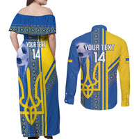 Custom Ukraine Football Couples Matching Off Shoulder Maxi Dress and Long Sleeve Button Shirt Go Blue And Yellow Folk Pattern