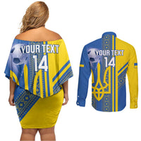 Custom Ukraine Football Couples Matching Off Shoulder Short Dress and Long Sleeve Button Shirt Go Blue And Yellow Folk Pattern