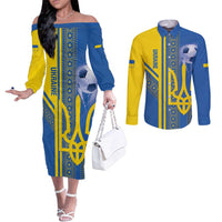 Custom Ukraine Football Couples Matching Off The Shoulder Long Sleeve Dress and Long Sleeve Button Shirt Go Blue And Yellow Folk Pattern