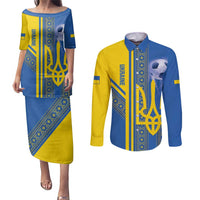Custom Ukraine Football Couples Matching Puletasi and Long Sleeve Button Shirt Go Blue And Yellow Folk Pattern