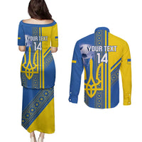Custom Ukraine Football Couples Matching Puletasi and Long Sleeve Button Shirt Go Blue And Yellow Folk Pattern