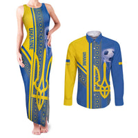 Custom Ukraine Football Couples Matching Tank Maxi Dress and Long Sleeve Button Shirt Go Blue And Yellow Folk Pattern