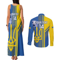 Custom Ukraine Football Couples Matching Tank Maxi Dress and Long Sleeve Button Shirt Go Blue And Yellow Folk Pattern