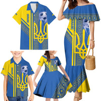 Custom Ukraine Football Family Matching Mermaid Dress and Hawaiian Shirt Go Blue And Yellow Folk Pattern