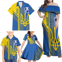 Custom Ukraine Football Family Matching Off Shoulder Maxi Dress and Hawaiian Shirt Go Blue And Yellow Folk Pattern