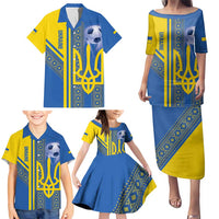 Custom Ukraine Football Family Matching Puletasi and Hawaiian Shirt Go Blue And Yellow Folk Pattern