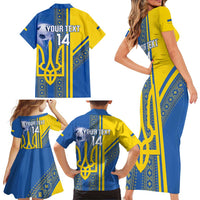 Custom Ukraine Football Family Matching Short Sleeve Bodycon Dress and Hawaiian Shirt Go Blue And Yellow Folk Pattern