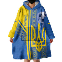 Custom Ukraine Football Wearable Blanket Hoodie Go Blue And Yellow Folk Pattern