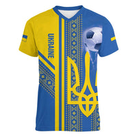 Custom Ukraine Football Women V-Neck T-Shirt Go Blue And Yellow Folk Pattern